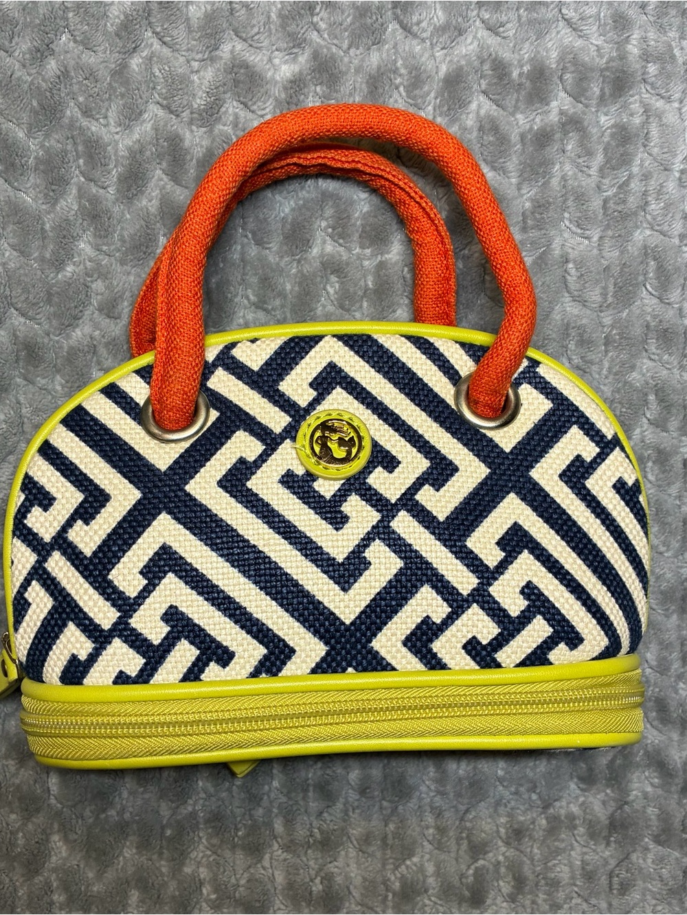Spartina 449 Navy & White Pattern Mini Tote with Neon Trim and Orange Handles